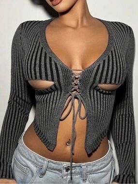Ribbed Lace-Up Cutout Long Sleeve Top - Gray